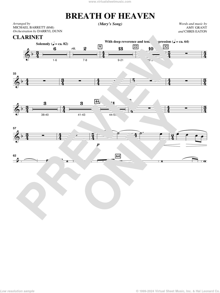 Breath Of Heaven (from 'All Is Well') sheet music for orchestra/band (clarinet) by Amy Grant and Michael Barrett, intermediate skill level