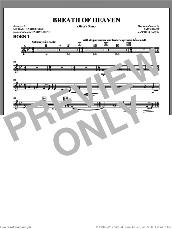 Breath Of Heaven (from 'All Is Well') sheet music for orchestra/band (f horn 1) by Amy Grant and Michael Barrett, intermediate skill level