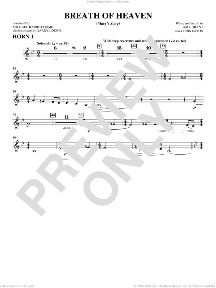 Breath Of Heaven (from 'All Is Well') sheet music for orchestra/band (f horn 1) by Amy Grant and Michael Barrett, intermediate skill level