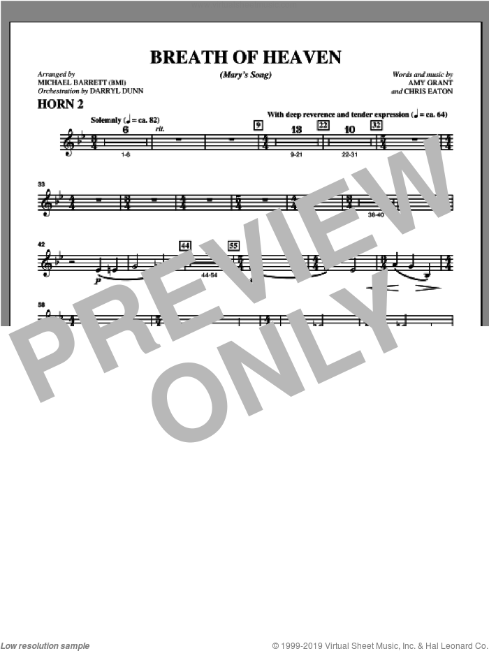 Breath Of Heaven (from 'All Is Well') sheet music for orchestra/band (f horn 2) by Amy Grant and Michael Barrett, intermediate skill level