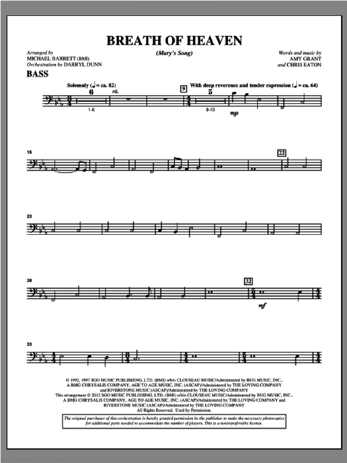 Breath Of Heaven (from 'All Is Well') sheet music for orchestra/band (bass) by Amy Grant and Michael Barrett, intermediate skill level