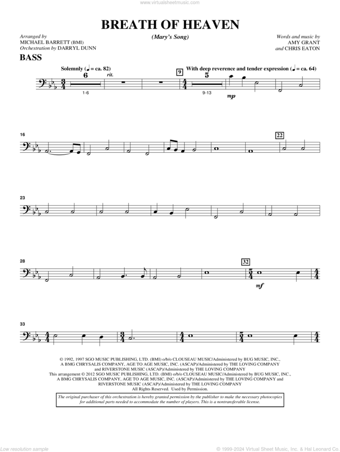 Breath Of Heaven (from 'All Is Well') sheet music for orchestra/band (bass) by Amy Grant and Michael Barrett, intermediate skill level