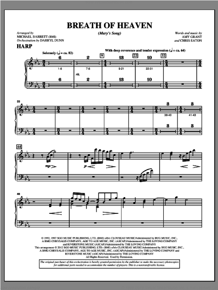 Breath Of Heaven (from 'All Is Well') sheet music for orchestra/band (harp) by Amy Grant and Michael Barrett, intermediate skill level