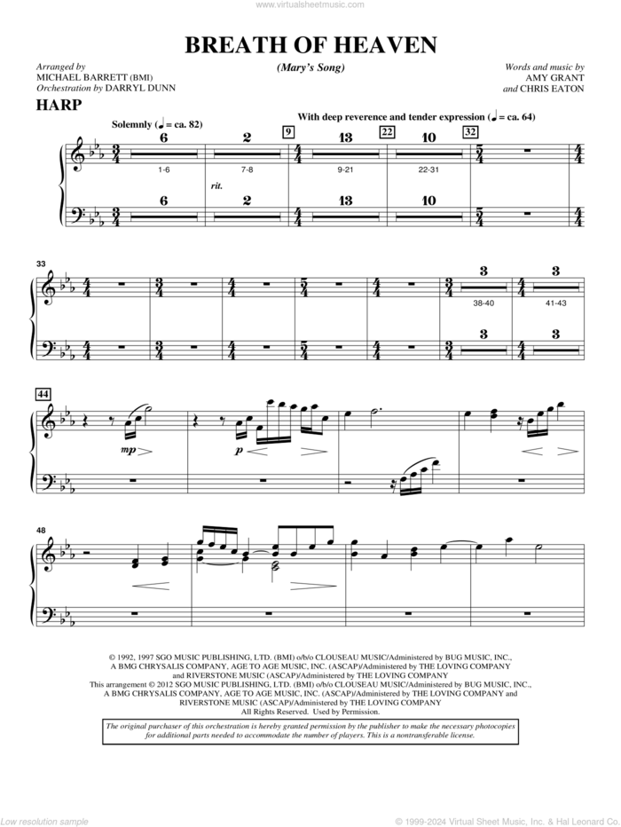 Breath Of Heaven (from 'All Is Well') sheet music for orchestra/band (harp) by Amy Grant and Michael Barrett, intermediate skill level