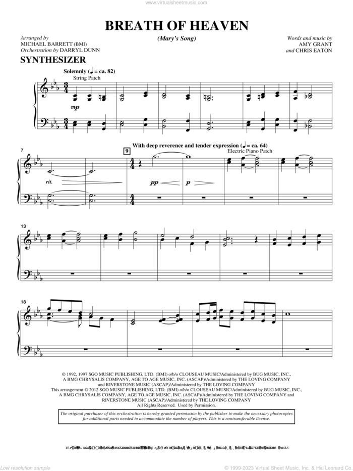 Breath Of Heaven (from 'All Is Well') sheet music for orchestra/band (keyboard/ synthesizer) by Amy Grant and Michael Barrett, intermediate skill level