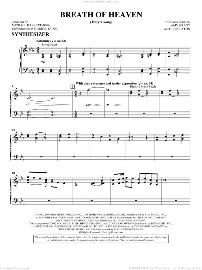 Breath Of Heaven (from 'All Is Well') sheet music for orchestra/band (keyboard/ synthesizer) by Amy Grant and Michael Barrett, intermediate skill level