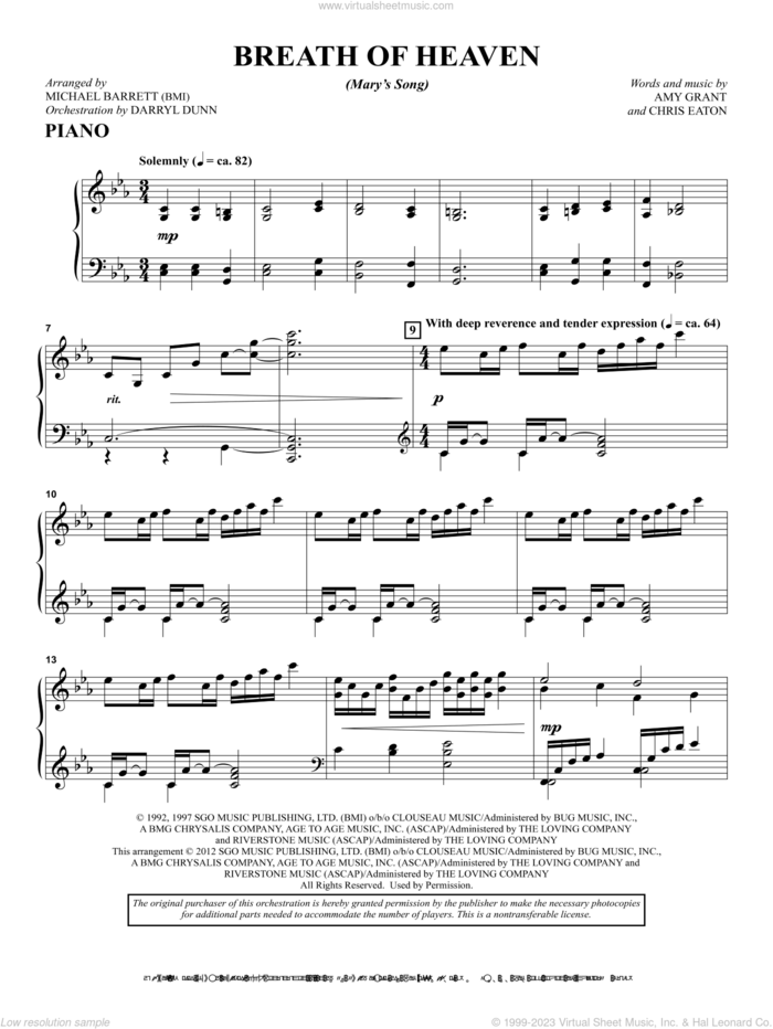 Breath Of Heaven (from 'All Is Well') sheet music for orchestra/band (piano) by Amy Grant and Michael Barrett, intermediate skill level
