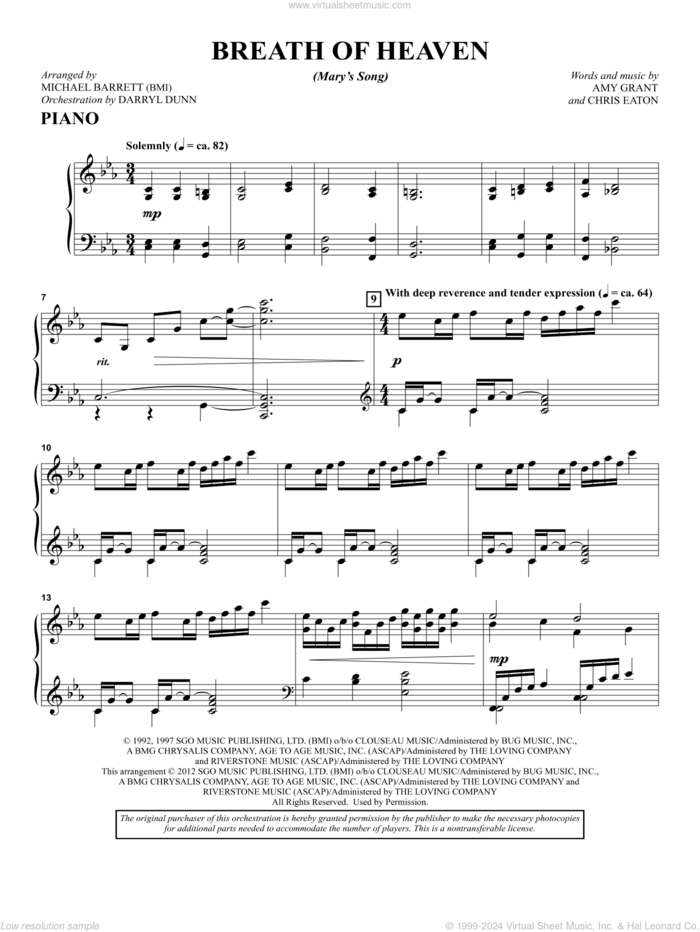 Breath Of Heaven (from 'All Is Well') sheet music for orchestra/band (piano) by Amy Grant and Michael Barrett, intermediate skill level