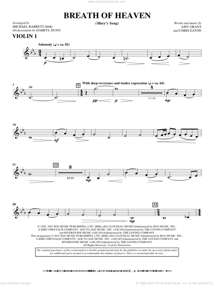 Breath Of Heaven (from 'All Is Well') sheet music for orchestra/band (violin 1) by Amy Grant and Michael Barrett, intermediate skill level
