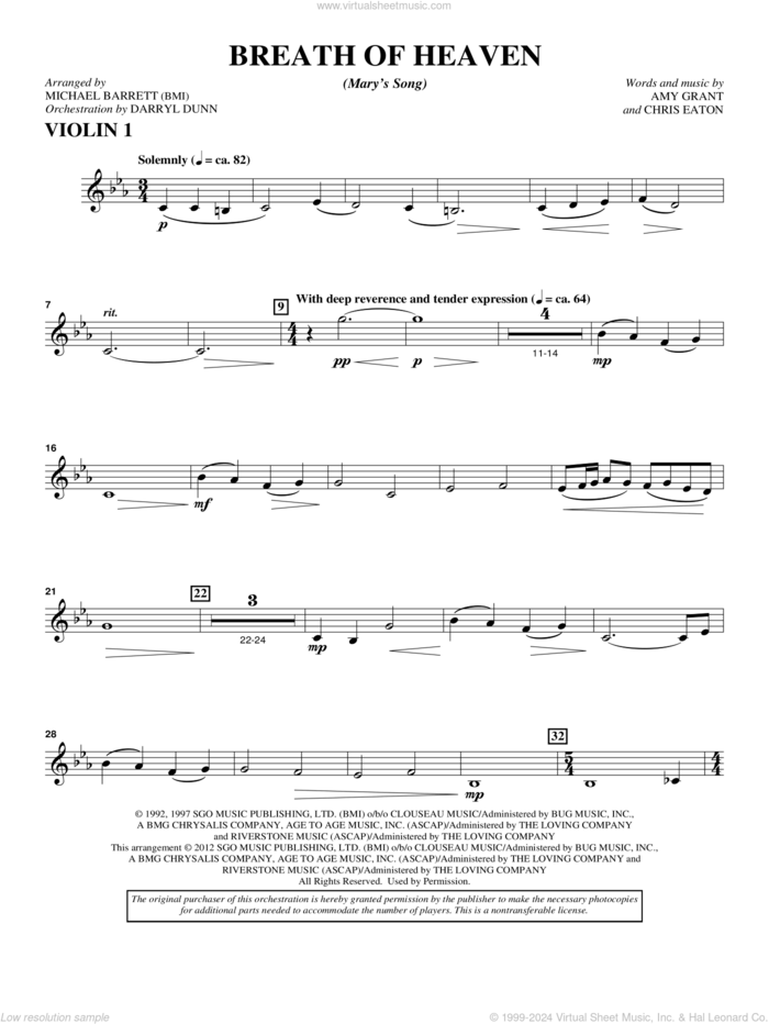 Breath Of Heaven (from 'All Is Well') sheet music for orchestra/band (violin 1) by Amy Grant and Michael Barrett, intermediate skill level