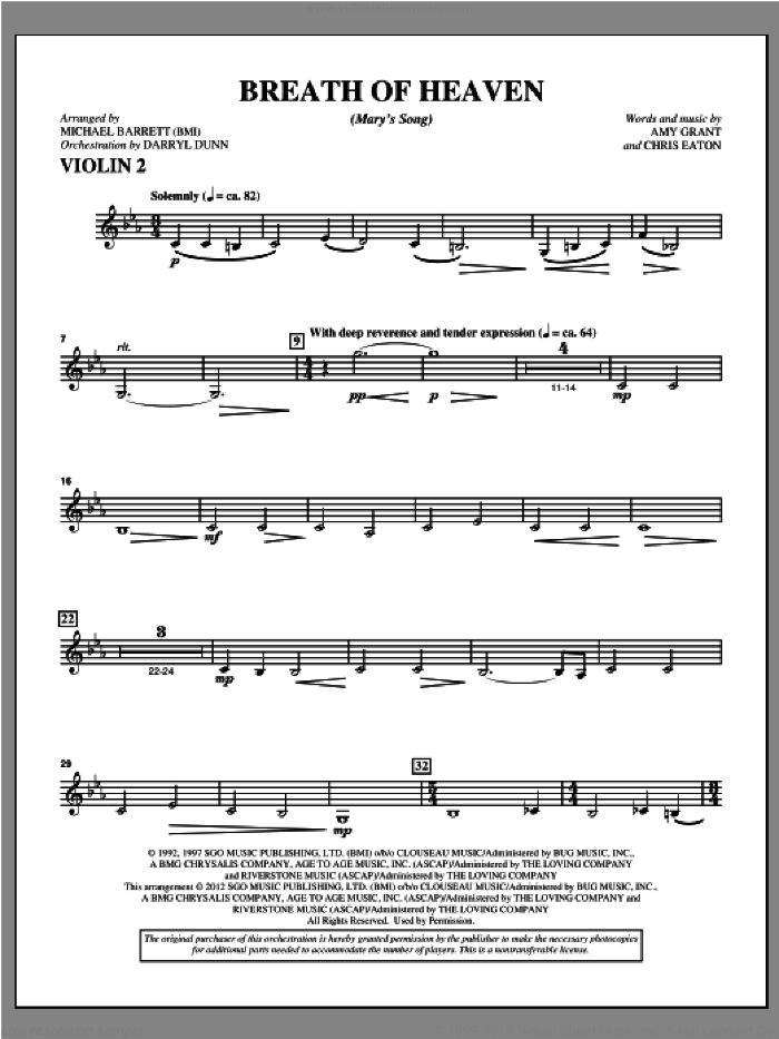 Breath Of Heaven (from 'All Is Well') sheet music for orchestra/band (violin 2) by Amy Grant and Michael Barrett, intermediate skill level