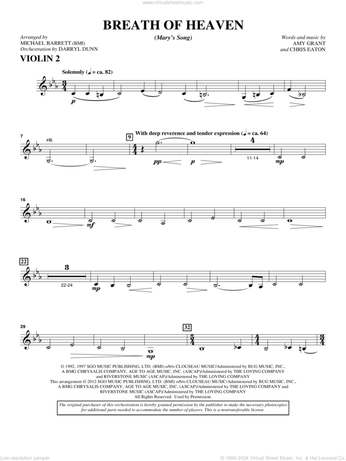 Breath Of Heaven (from 'All Is Well') sheet music for orchestra/band (violin 2) by Amy Grant and Michael Barrett, intermediate skill level