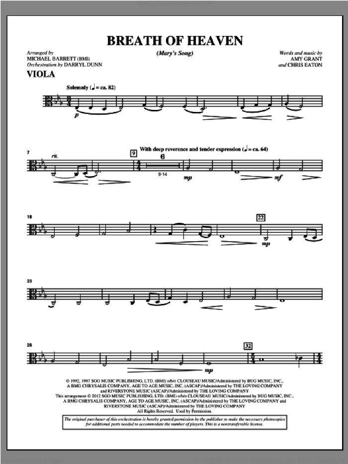 Breath Of Heaven (from 'All Is Well') sheet music for orchestra/band (viola) by Amy Grant and Michael Barrett, intermediate skill level