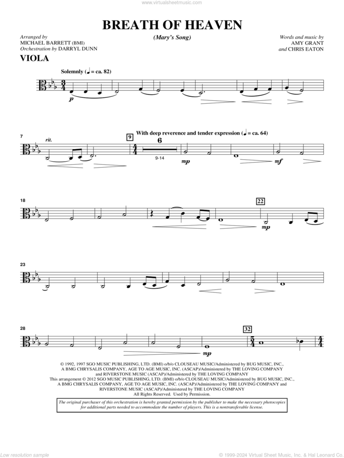 Breath Of Heaven (from 'All Is Well') sheet music for orchestra/band (viola) by Amy Grant and Michael Barrett, intermediate skill level