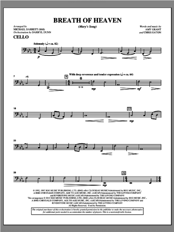 Breath Of Heaven (from 'All Is Well') sheet music for orchestra/band (cello) by Amy Grant and Michael Barrett, intermediate skill level