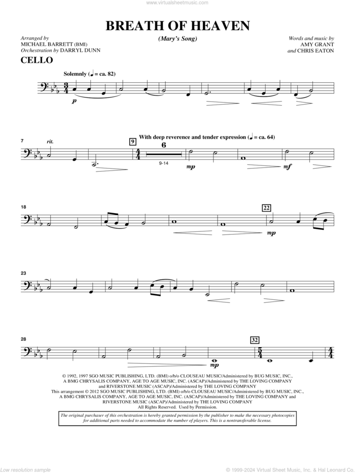 Breath Of Heaven (from 'All Is Well') sheet music for orchestra/band (cello) by Amy Grant and Michael Barrett, intermediate skill level