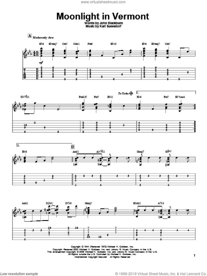 Moonlight In Vermont, (intermediate) sheet music for guitar solo by Karl Suessdorf, intermediate skill level