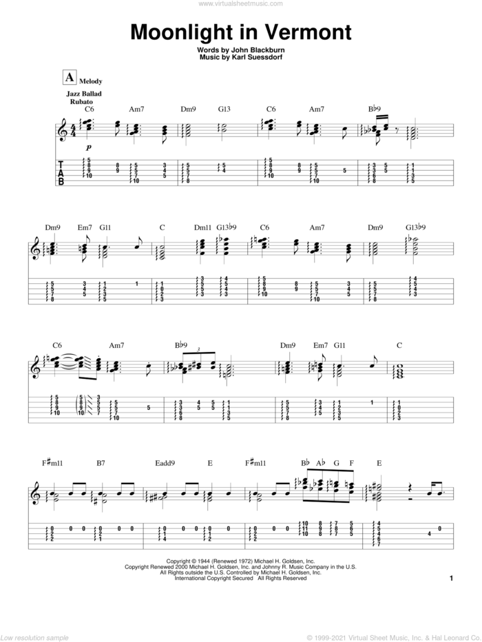 Moonlight In Vermont sheet music for guitar (tablature, play-along) by Johnny Smith and Karl Suessdorf, intermediate skill level