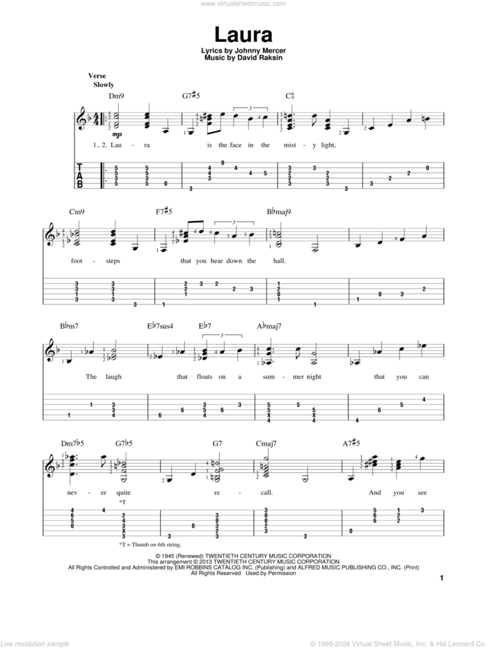 Laura sheet music for guitar solo by Johnny Mercer and David Raksin, intermediate skill level