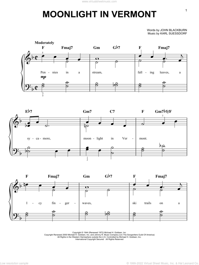 Moonlight In Vermont, (easy) sheet music for piano solo by Karl Suessdorf and John Blackburn, easy skill level