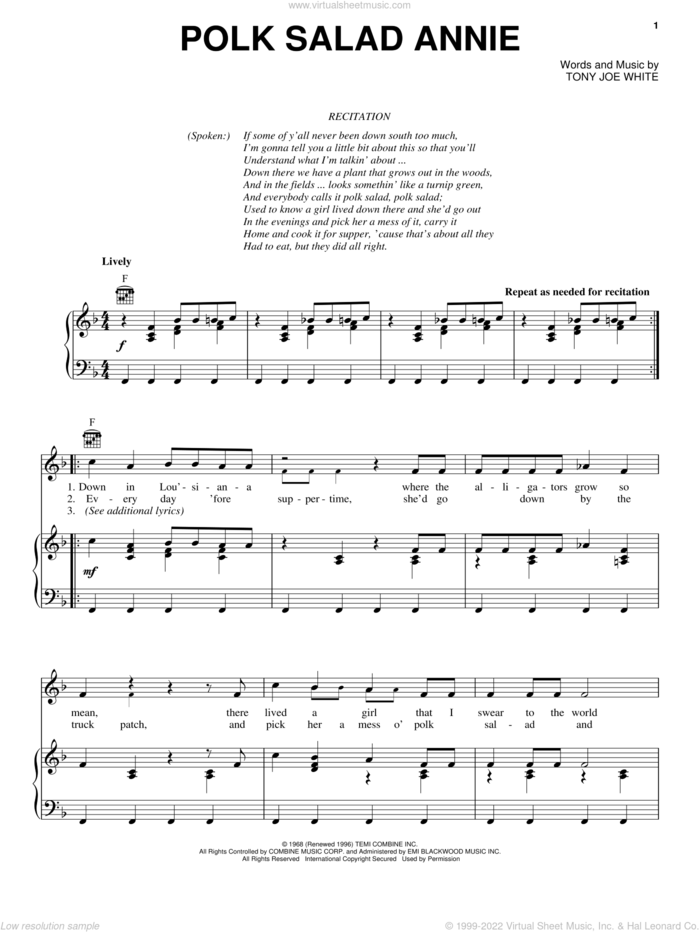 Polk Salad Annie sheet music for voice, piano or guitar by Elvis Presley and Tony Joe White, intermediate skill level