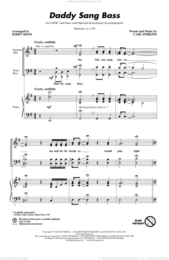 Daddy Sang Bass sheet music for choir (SATB: soprano, alto, tenor, bass) by Kirby Shaw and Carl Perkins, intermediate skill level