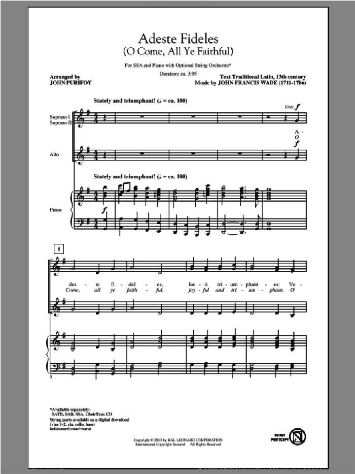 O Come, All Ye Faithful (Adeste Fideles) sheet music for choir (SSA: soprano, alto) by John Purifoy, intermediate skill level