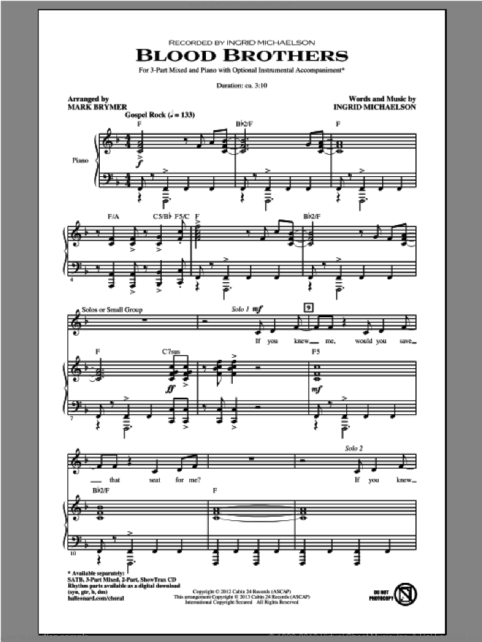 Blood Brothers sheet music for choir (3-Part Mixed) by Mark Brymer and Ingrid Michaelson, intermediate skill level