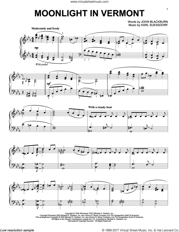 Moonlight In Vermont sheet music for piano solo by Karl Suessdorf and John Blackburn, intermediate skill level