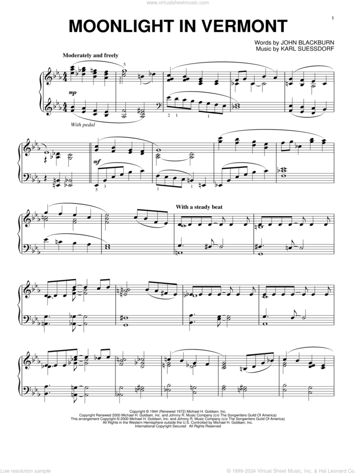 Moonlight In Vermont sheet music for piano solo by Karl Suessdorf and John Blackburn, intermediate skill level