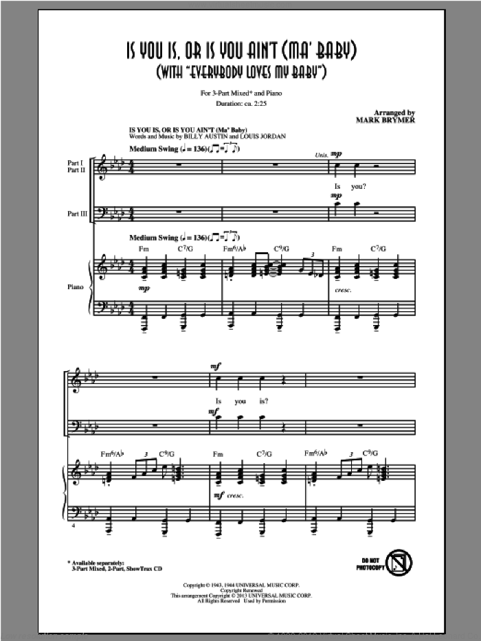 Everybody Loves My Baby (But My Baby Don't Love Nobody But Me) sheet music for choir (3-Part Mixed) by Mark Brymer, intermediate skill level