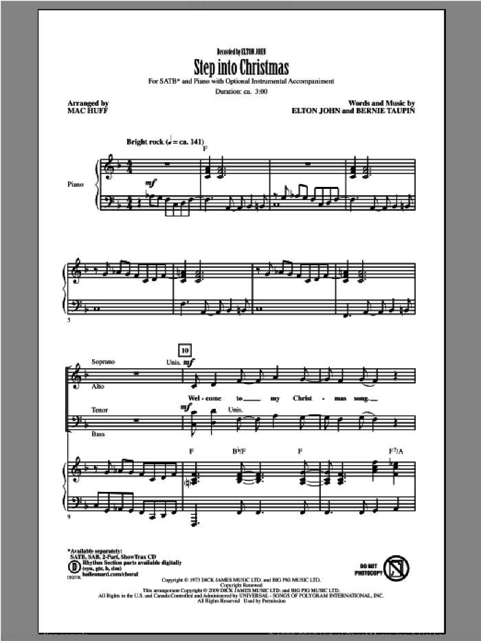 Step Into Christmas sheet music for choir (SATB: soprano, alto, tenor, bass) by Elton John and Mac Huff, intermediate skill level