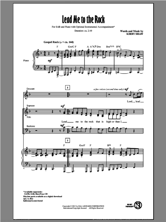 Lead Me To The Rock sheet music for choir (SAB: soprano, alto, bass) by Kirby Shaw, intermediate skill level