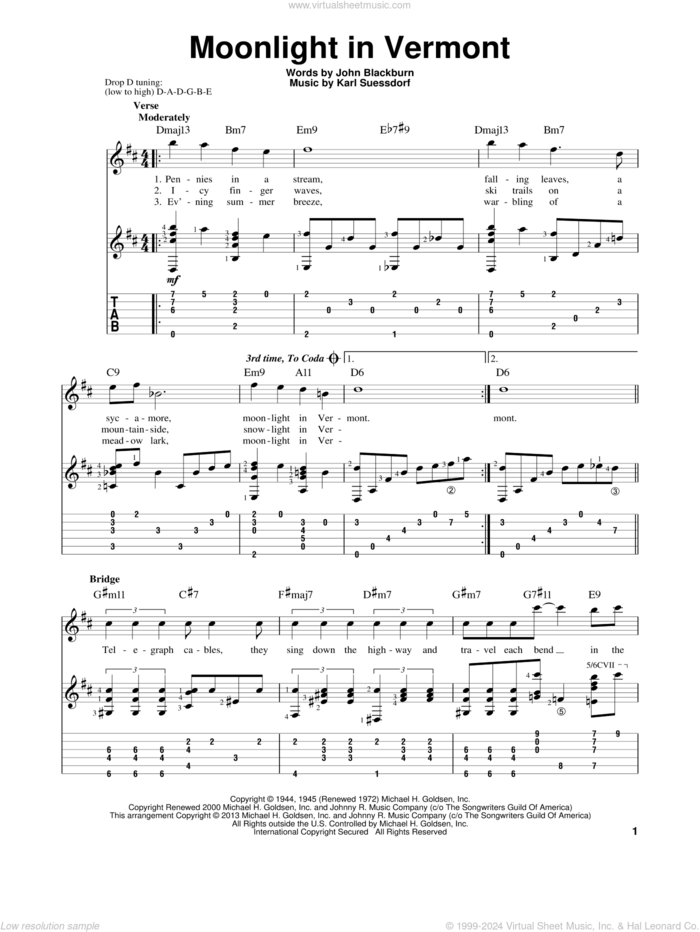 Moonlight In Vermont sheet music for guitar solo by Karl Suessdorf and John Blackburn, intermediate skill level