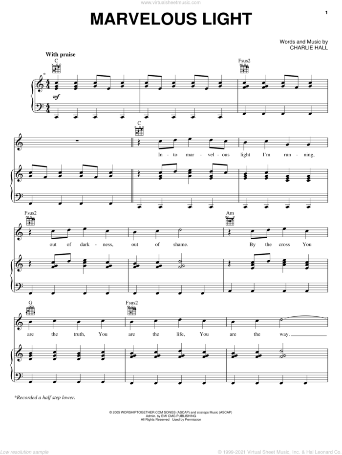 Marvelous Light sheet music for voice, piano or guitar by Charlie Hall, intermediate skill level
