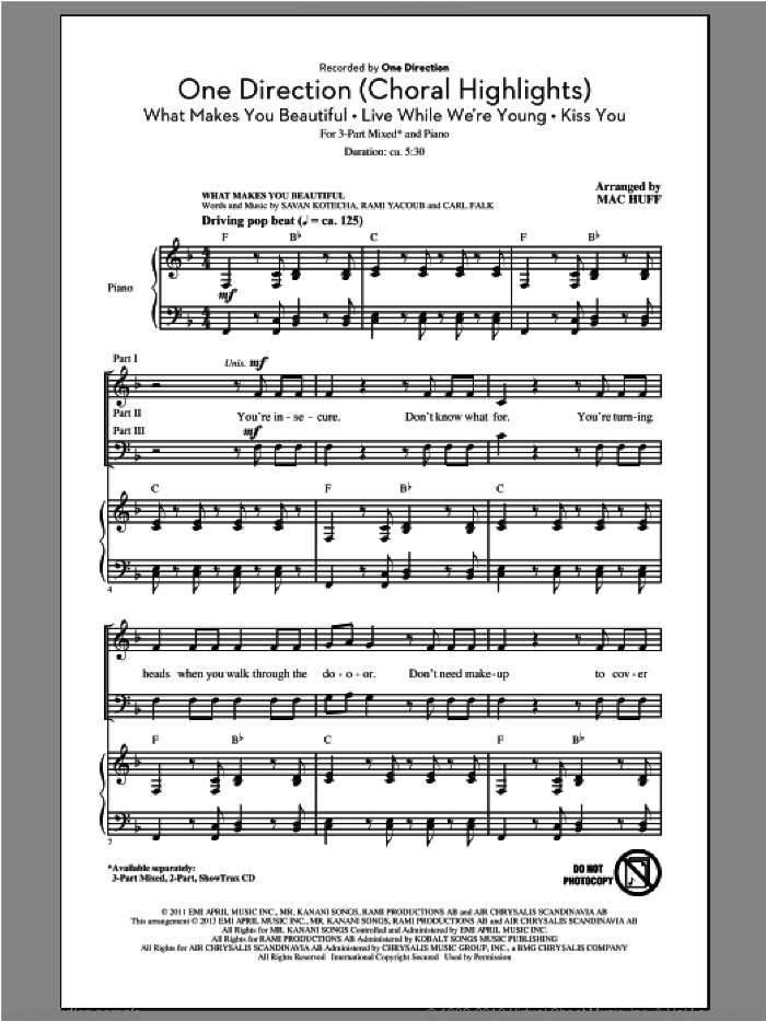 One Direction (Choral Highlights) sheet music for choir (3-Part Mixed) by Mac Huff and One Direction, intermediate skill level