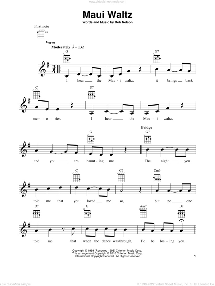 Maui Waltz sheet music for ukulele by Bob Nelson, intermediate skill level
