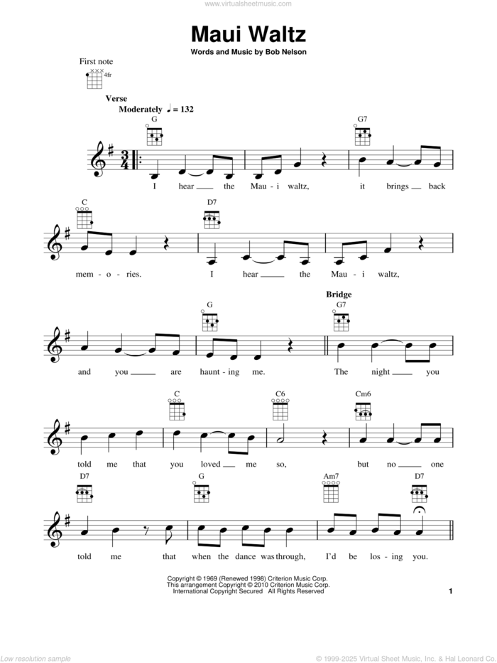 Maui Waltz sheet music for ukulele by Bob Nelson, intermediate skill level