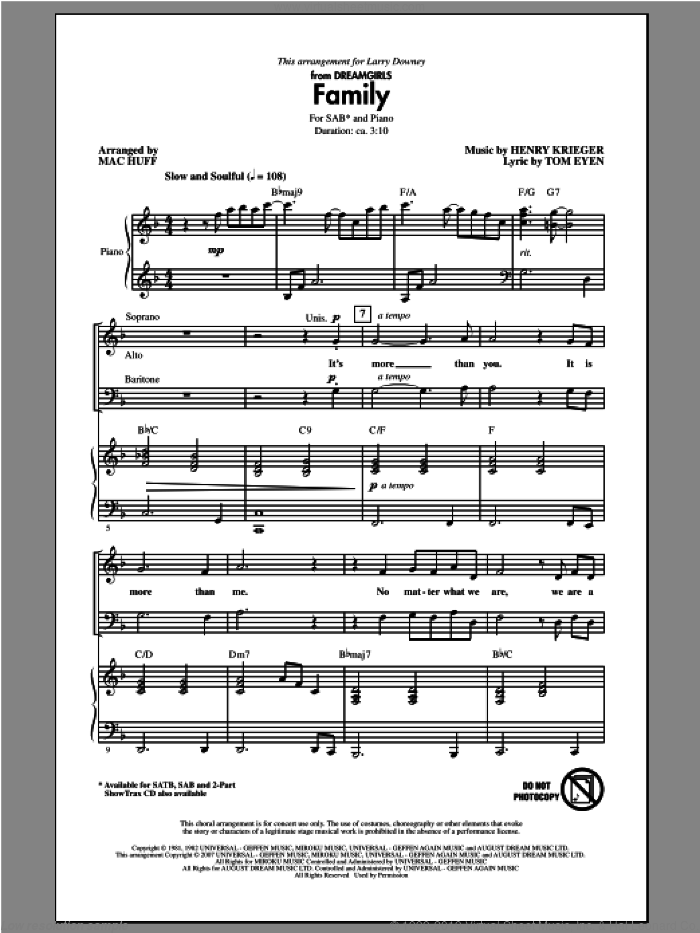 Family (from Dreamgirls) (arr. Mac Huff) sheet music for choir (SAB: soprano, alto, bass) by Henry Krieger, Mac Huff and Tom Eyen, intermediate skill level