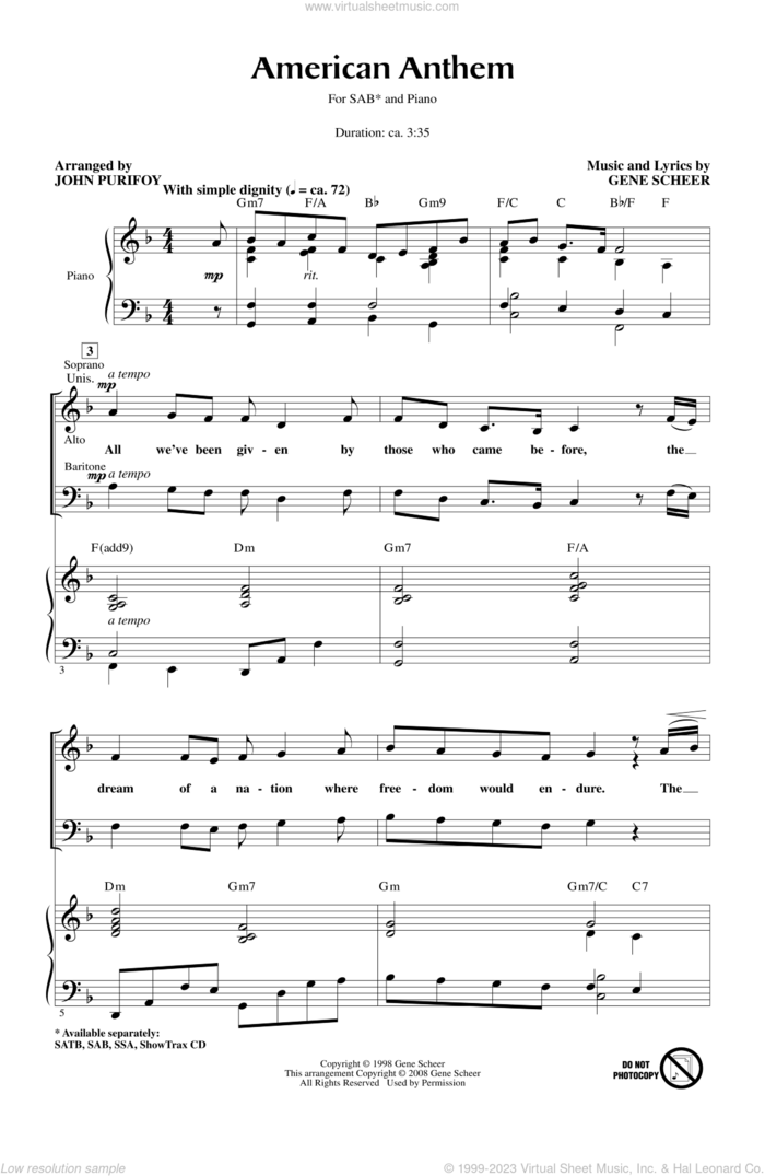 American Anthem sheet music for choir (SAB: soprano, alto, bass) by John Purifoy and Gene Scheer, intermediate skill level