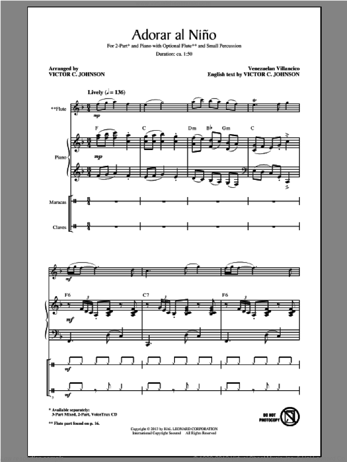 Adorar Al Nino (Come Adore The Baby) sheet music for choir (2-Part) by Victor Johnson, intermediate duet