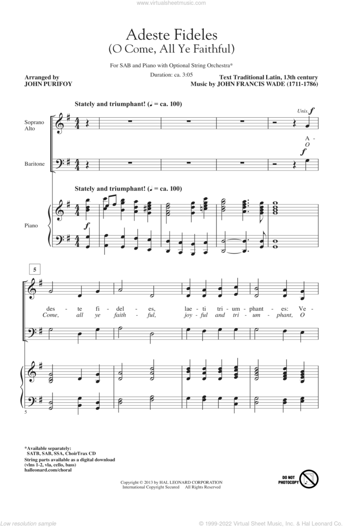 O Come, All Ye Faithful (Adeste Fideles) sheet music for choir (SAB: soprano, alto, bass) by John Purifoy, intermediate skill level