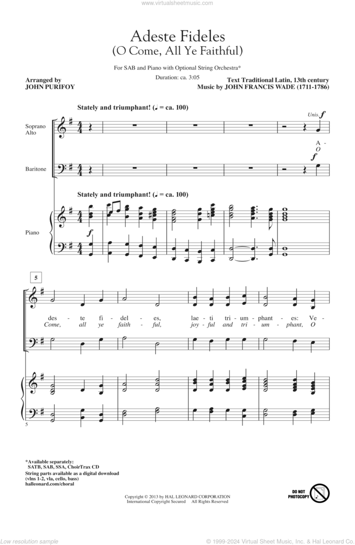 O Come, All Ye Faithful (Adeste Fideles) sheet music for choir (SAB: soprano, alto, bass) by John Purifoy, intermediate skill level