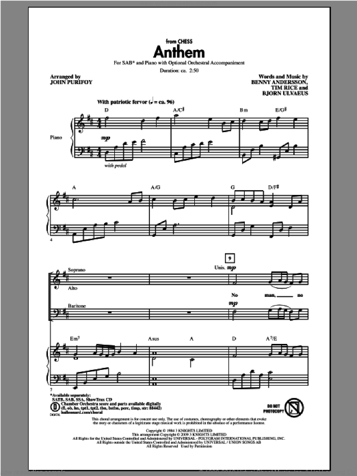 Anthem sheet music for choir (SAB: soprano, alto, bass) by John Purifoy, intermediate skill level