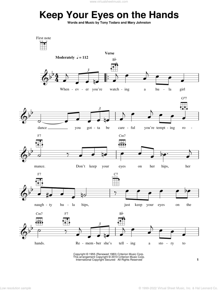 Keep Your Eyes On The Hands sheet music for ukulele by Mary Johnston and Tony Todaro, intermediate skill level