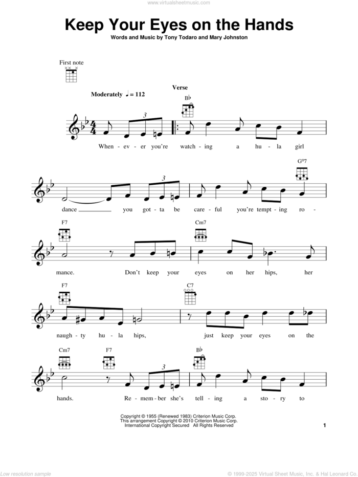 Keep Your Eyes On The Hands sheet music for ukulele by Mary Johnston and Tony Todaro, intermediate skill level