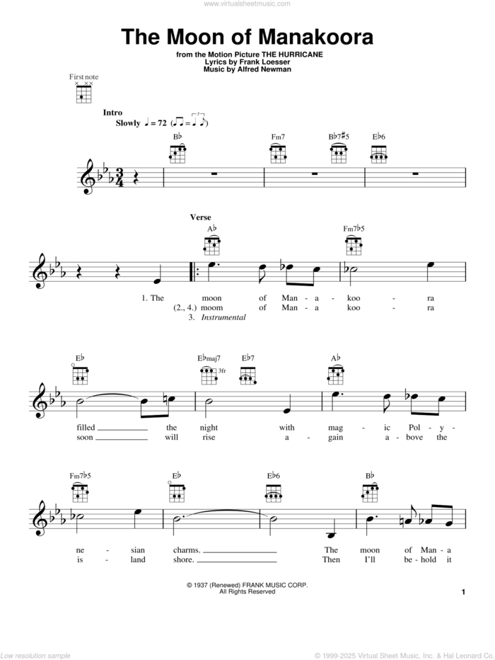 The Moon Of Manakoora sheet music for ukulele by Alfred Newman and Frank Loesser, intermediate skill level