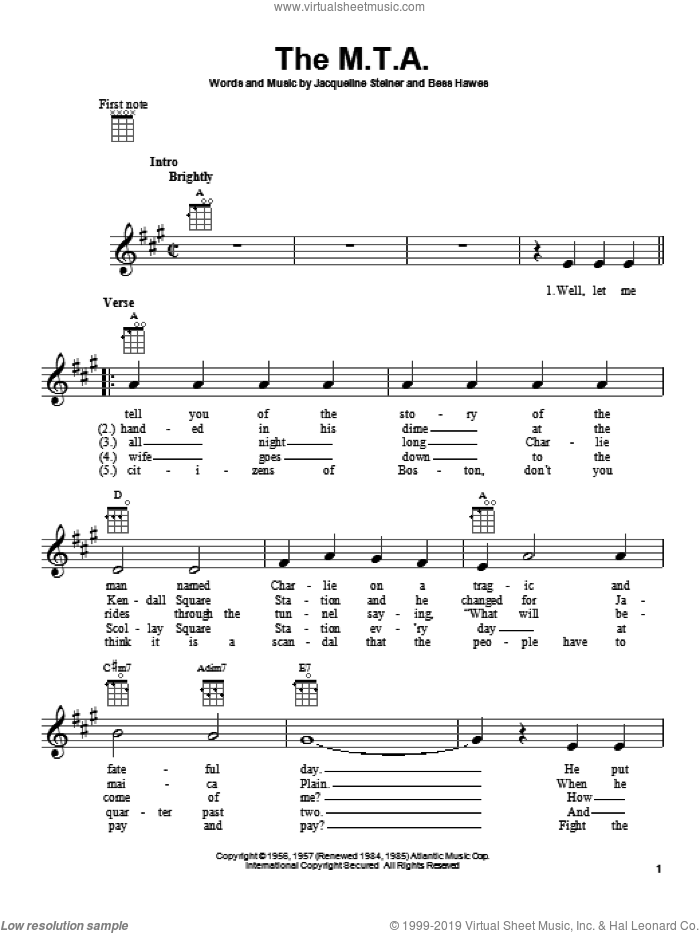The M.T.A. sheet music for ukulele by The Kingston Trio, intermediate skill level