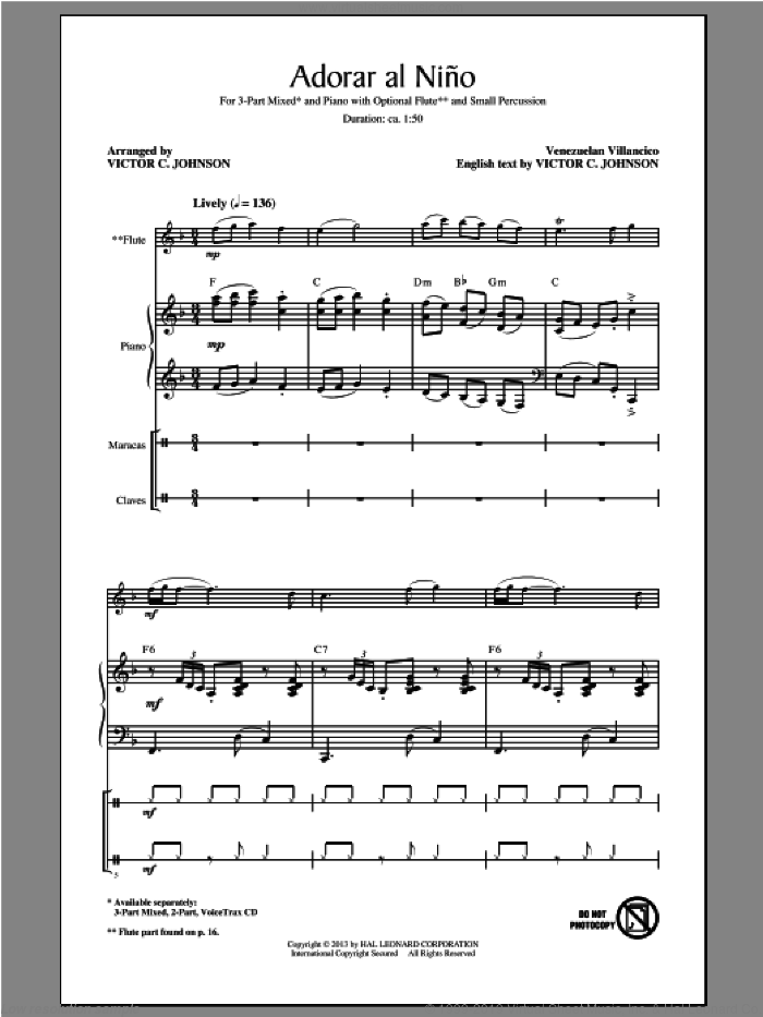 Adorar Al Nino (Come Adore The Baby) sheet music for choir (3-Part Mixed) by Victor Johnson, intermediate skill level