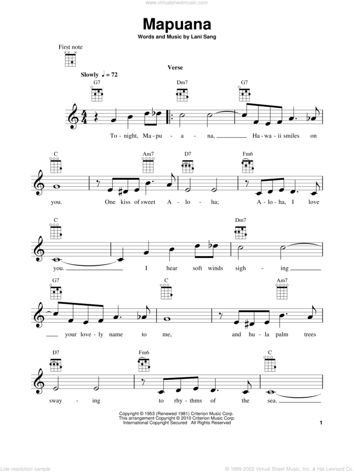 Mapuana sheet music for ukulele by Lani Sang, intermediate skill level